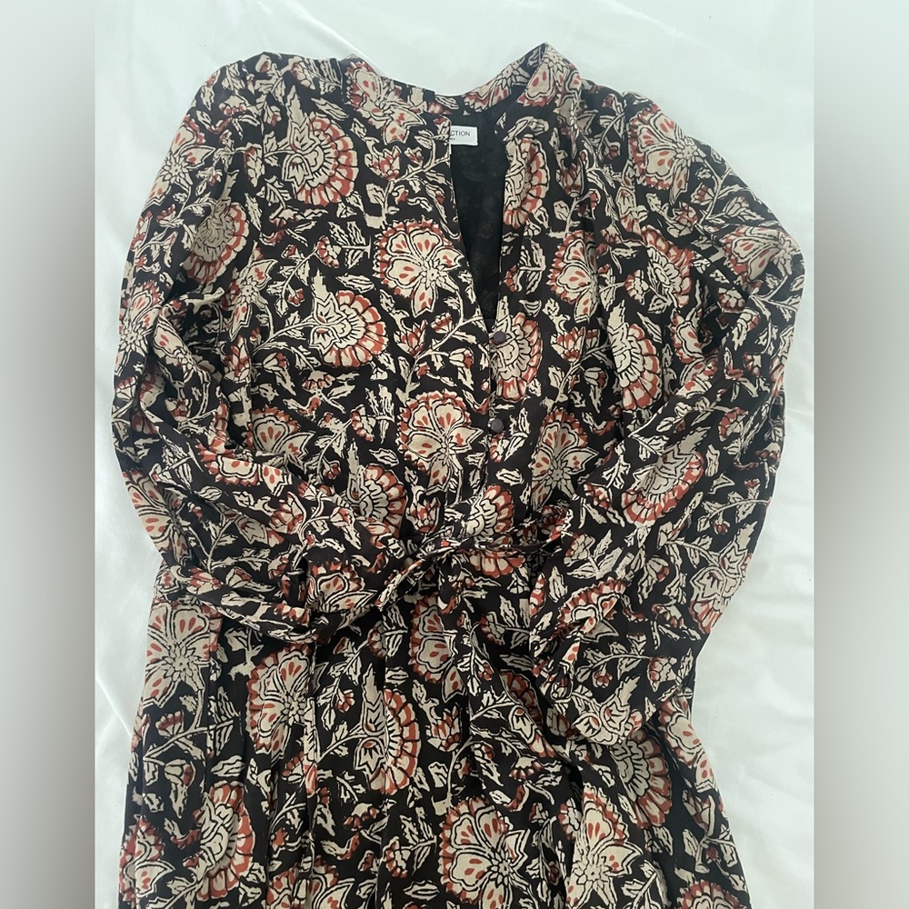 Emerson Fry Black Floral Wrap Dress with Rust and Cream Motif
